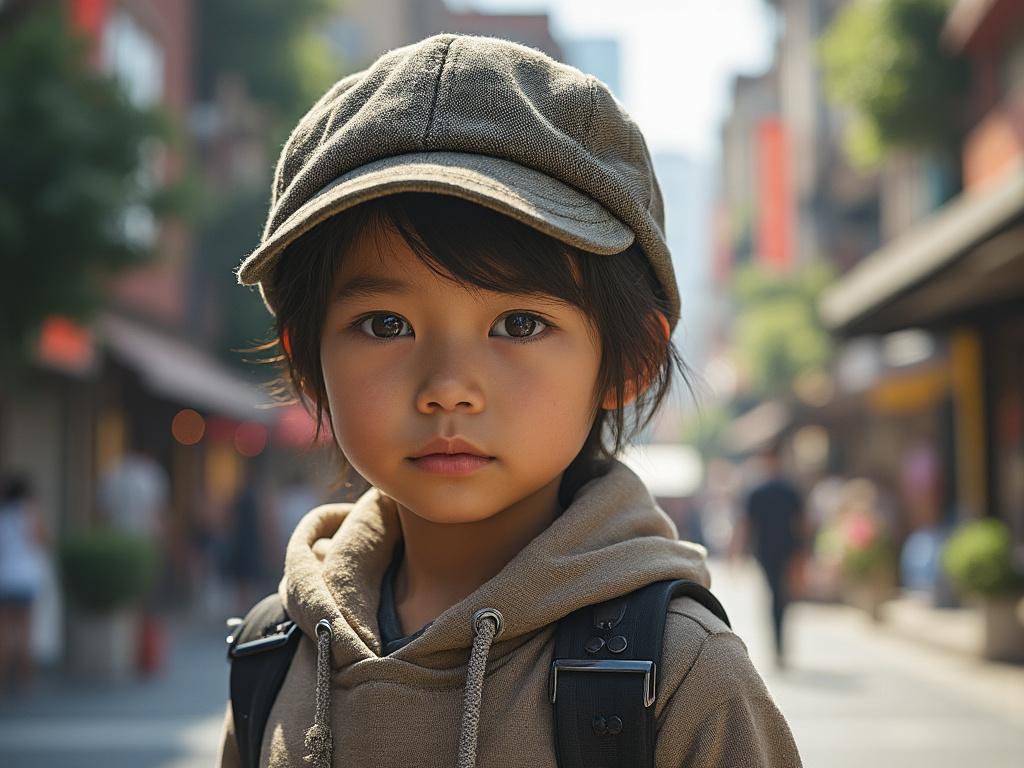 Niño con gorra y sudadera en una calle urbana, fondo desenfocado.