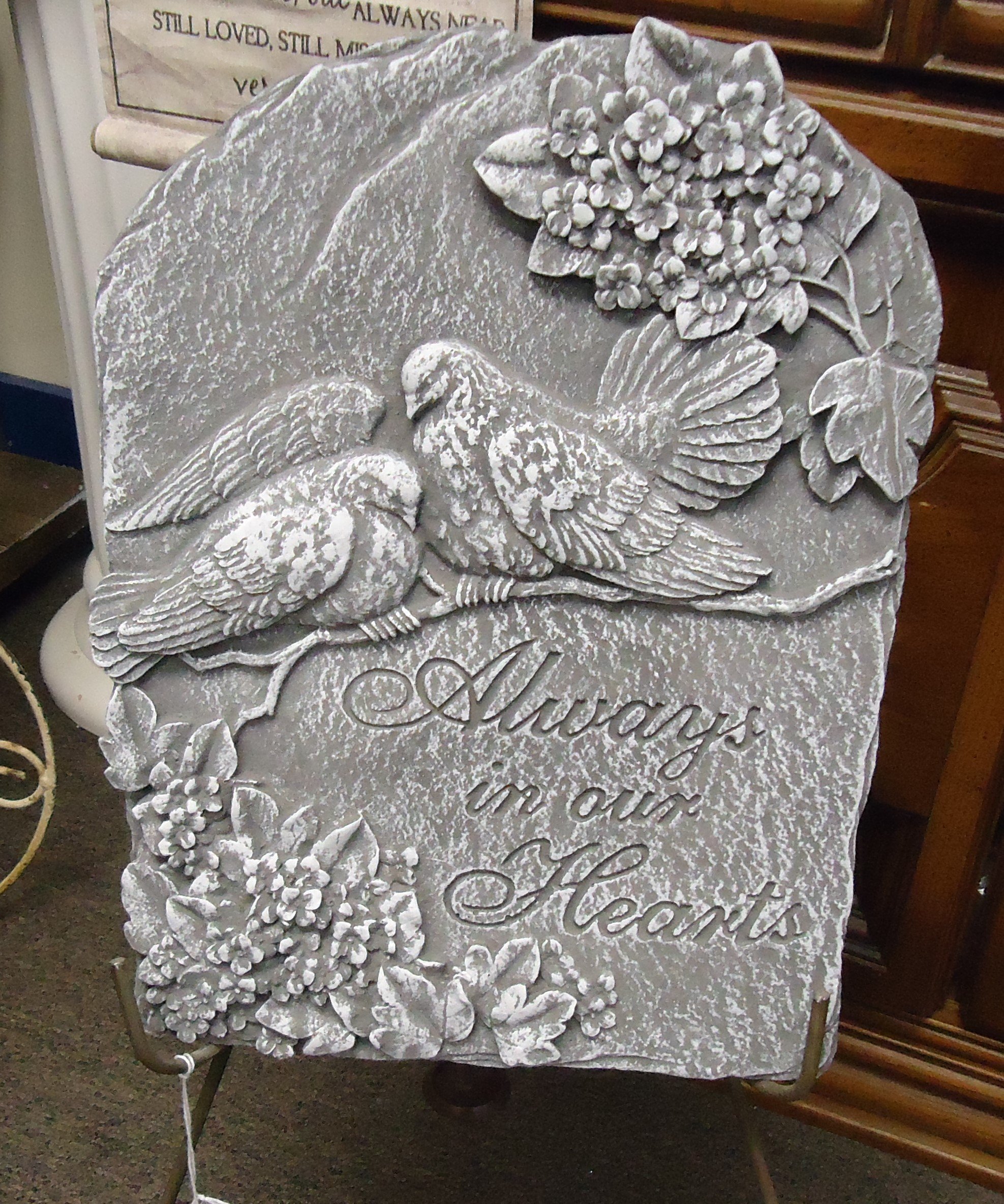 (SORRY OUT OF STOCK!!)
(63) "Concrete Memorial Stone On Easel
(Always In Our Hearts)
$65.00