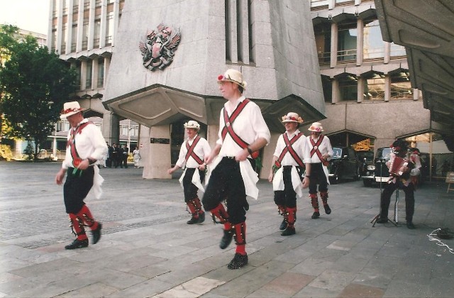 Merrydowners performing outside Guild Hall London - Euro 96 Football reception