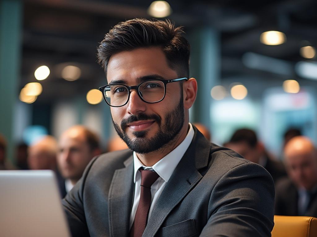Professional man in a suit and glasses smiling at a conference, with blurred attendees in the background.