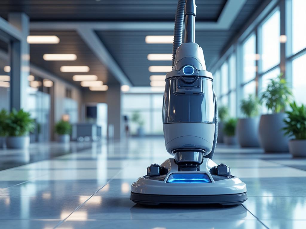 Aspiradora moderna en un pasillo iluminado con plantas y ventanales grandes.