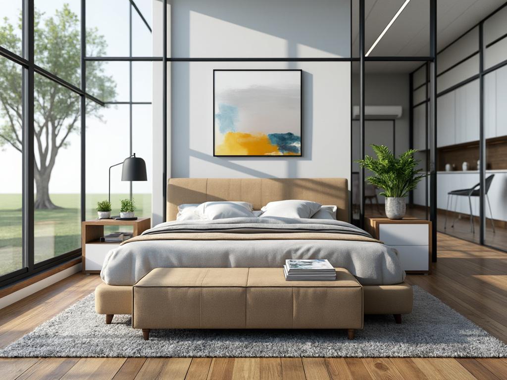 Dormitorio moderno con cama doble, grandes ventanas, plantas decorativas y un cuadro abstracto.