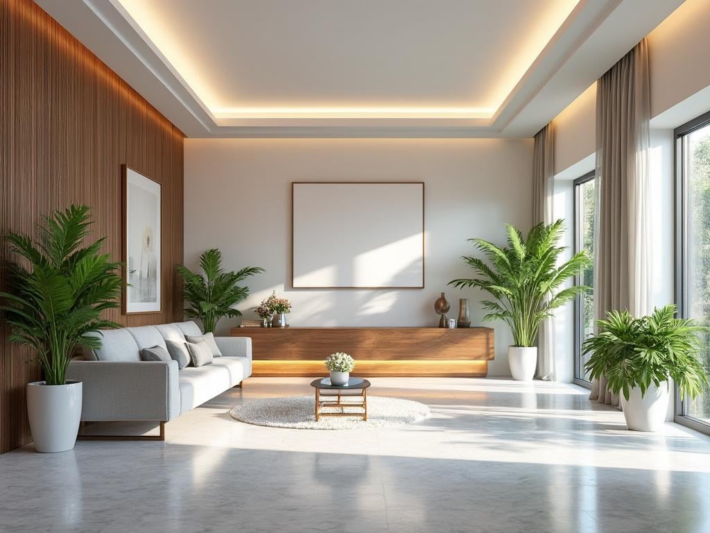 Sala de estar moderna con sofá gris, plantas en macetas, mesa de centro y gran ventanal.