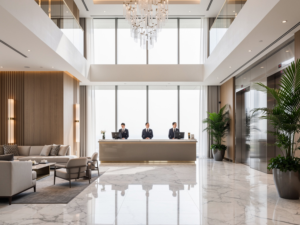 Vestíbulo de hotel de lujo moderno con recepción, lámpara de cristal, suelos de mármol, ventanales y plantas decorativas