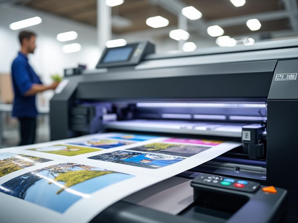 Impresora de gran formato imprimiendo imágenes a color en una oficina, con una persona desenfocada al fondo.