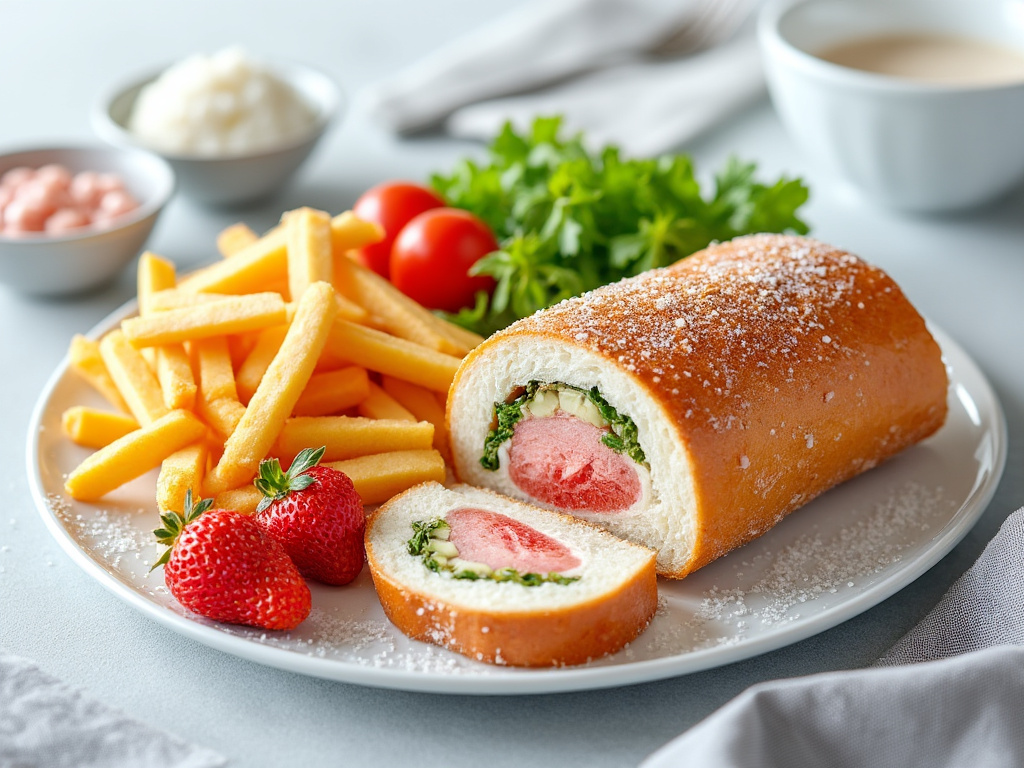 Plato con papas fritas, fresas y pan relleno de crema y vegetales, acompañado de tomates y perejil.