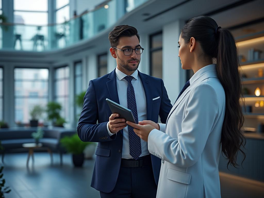 Dos profesionales en trajes formales conversando en una oficina moderna y luminosa.