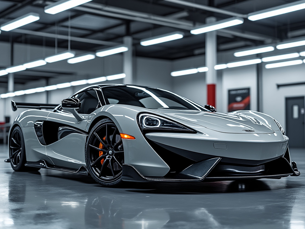 Sleek gray sports car with aerodynamic design and black alloy wheels in a modern showroom.