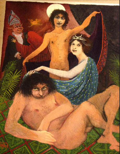 Title: Unknown
Medium: Oil painting
Circa: Unknown 
Dimensions: 7" x 6"
Image courtesy of W. Levister
Comment: Although untitled, I am confident that the three figures at the bottom of the image represent Oberon, Titania and Nick Bottom, in order, from the top, from Shakespeare's "A Midsummer Night's Dream. (I can’t identify the figures in the upper left, though I wonder if they are drawn from the Decameron by Boccaccio).  Indications for the identification of the others are the two moon symbols - moons being a common attribute of fairies. (See Girard’s painting of Titania, shown below.)  As noted elsewhere, the two largest moons of Uranus are Titania and Oberon, respectively, also from Shakespeare's "A Midsummer Night's Dream." The "beastly" appearance of the large nude male (Bottom is turned into a donkey in the play) is suggestive as is "Titania" is stroking his hair, indicative of a certain affection. (She falls in love with the donkey-headed bottom in the play.) Fairies are typically understood to be the “the little people.” The fact that Bottom appears so large compared to the male and female figures is also suggestive.