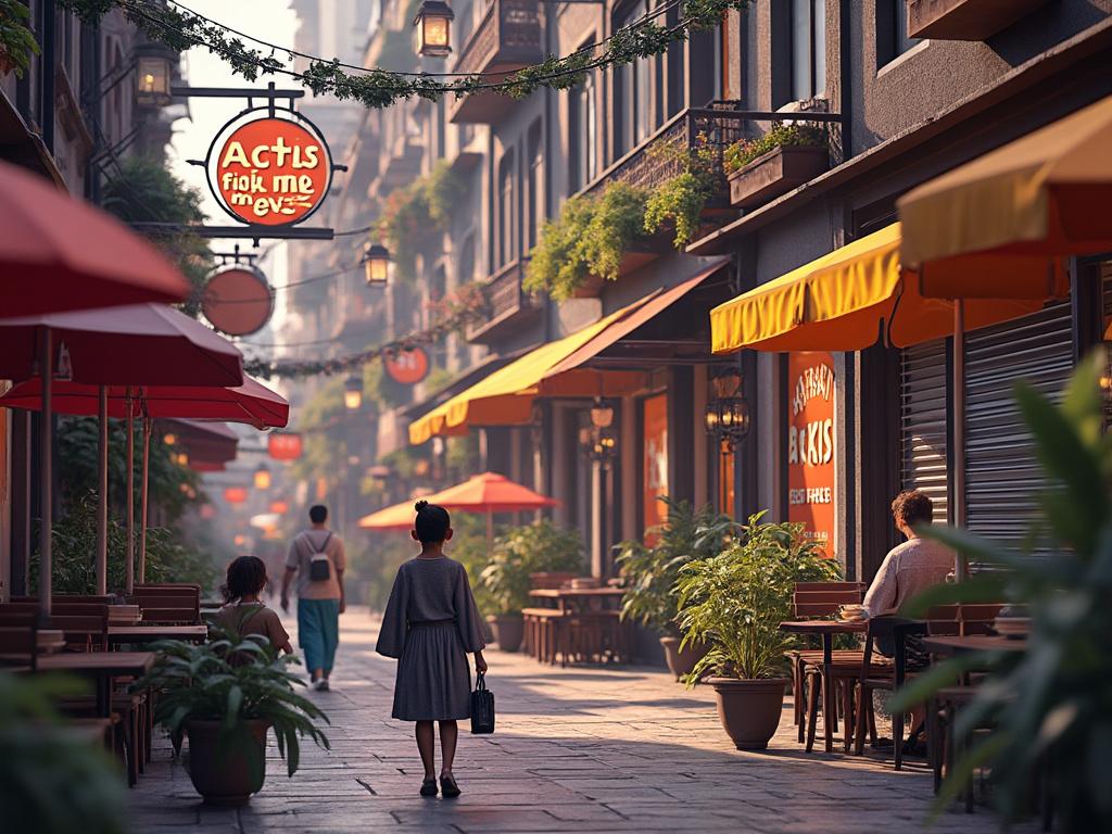 Calle peatonal con personas paseando, rodeada de cafeterías con toldos rojos y amarillos, y vegetación exuberante.