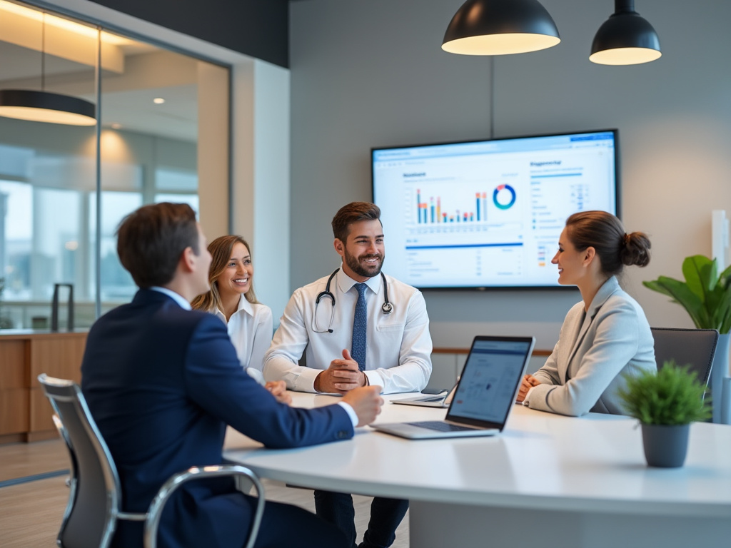 Reunión de trabajo en una oficina moderna con cuatro personas, incluyendo un médico con bata blanca, discutiendo gráficos en una pantalla.