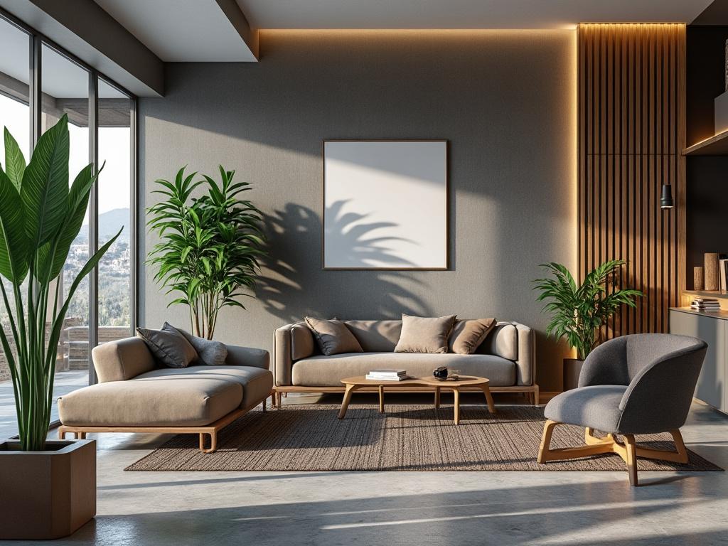 Modern living room with gray sofa set, lush green plants, and a large window letting in natural light.