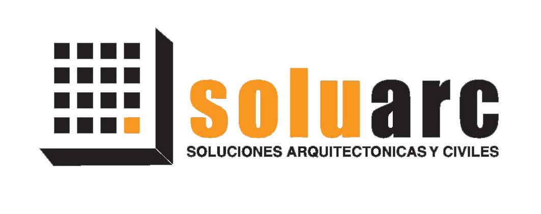 Logotipo de Soluarc, soluciones arquitectónicas y civiles con icono de edificio en negro y naranja