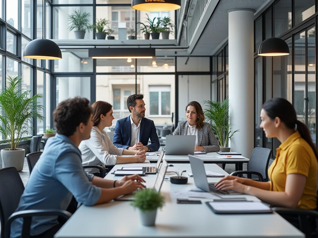 Reunión de equipo en una oficina moderna con mesa de trabajo grande, personas usando portátiles, ventanas grandes y plantas decorativas.