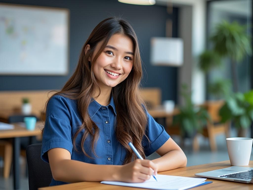 Mujer sonriente escribiendo en una libreta en una oficina moderna con plantas y una laptop.