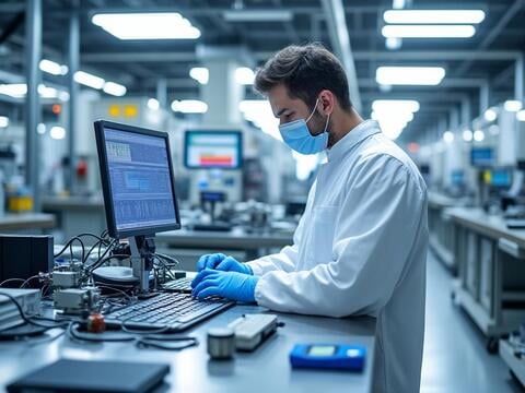 Científico con mascarilla y guantes trabajando en un laboratorio tecnológico frente a un ordenador.
