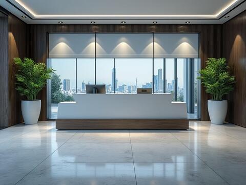 Recepción moderna con mostrador blanco, plantas en macetas y gran ventana con vista a la ciudad en un edificio de oficina elegante.