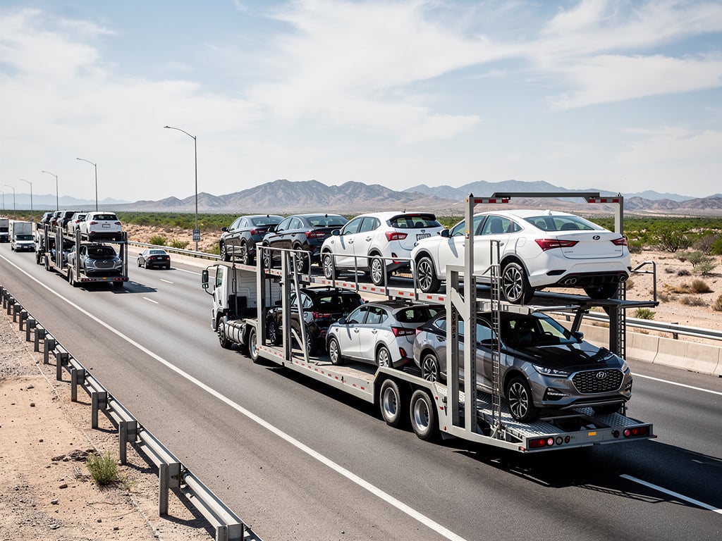 Camiones portacoches transportando automóviles nuevos en una autopista desértica con montañas al fondo