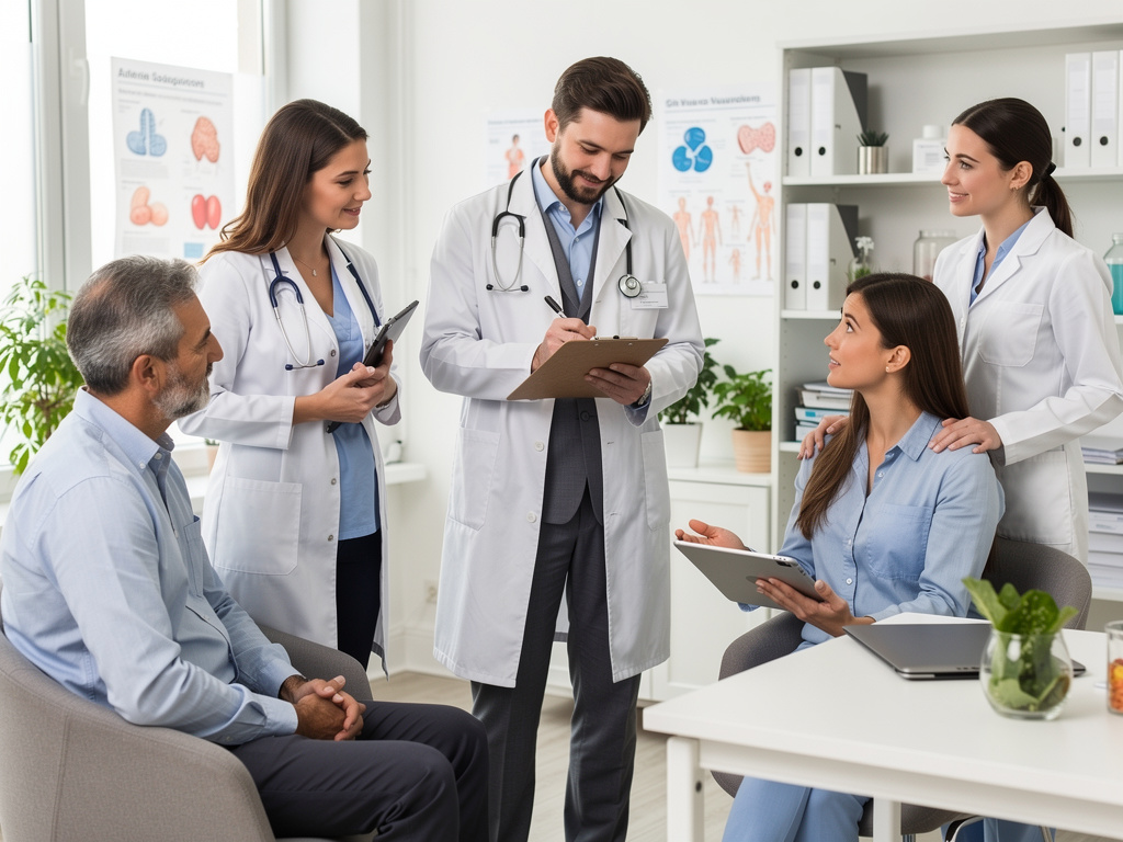 Equipo médico consultando a pacientes en una clínica moderna