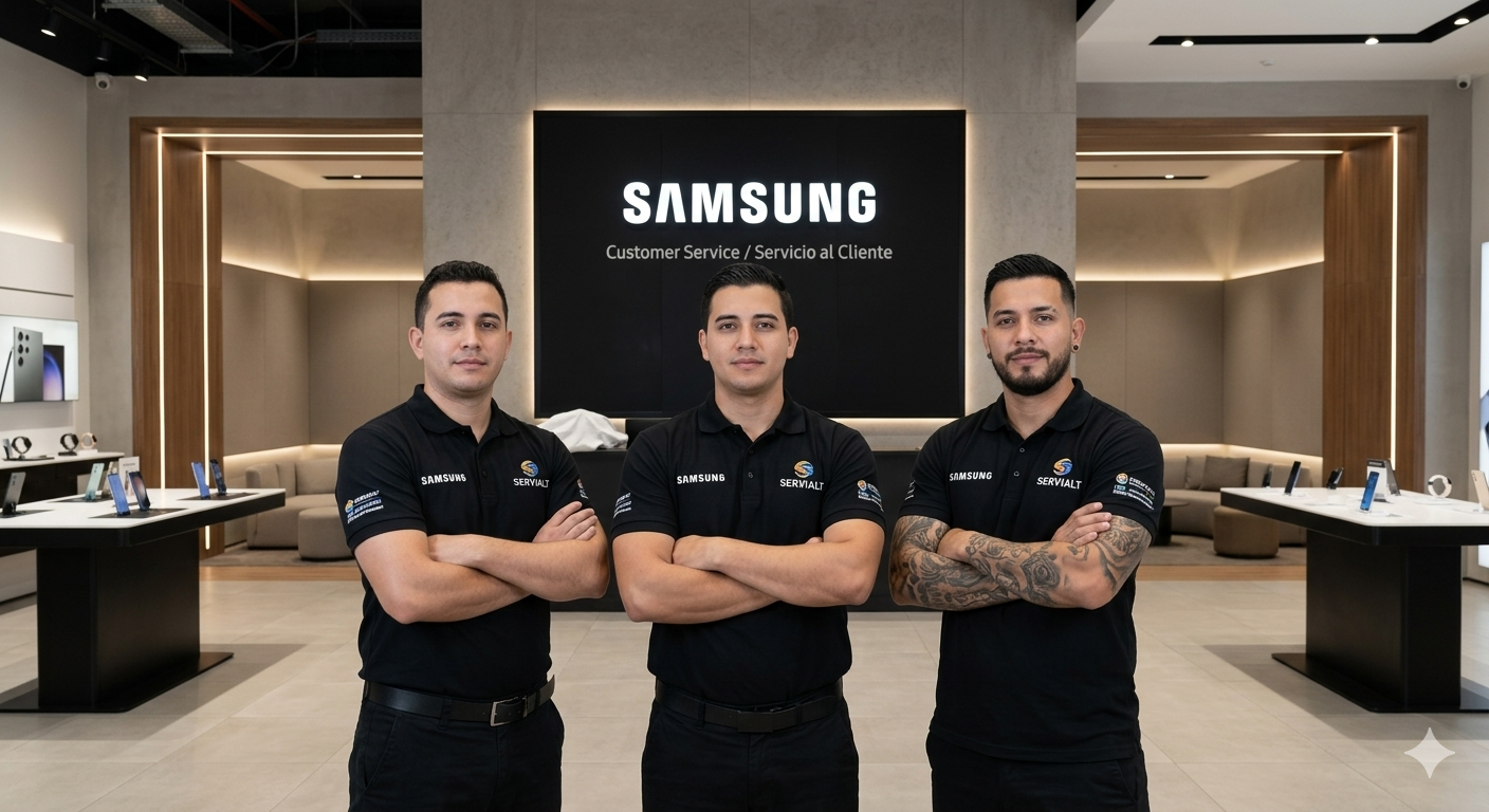 Técnico reparando dispositivos electrónicos en centro de servicio autorizado de tecnología y línea blanca