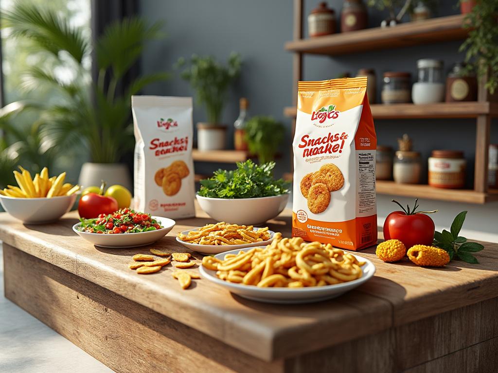 Mesa de madera con variedades de snacks, tomates frescos, y paquetes de bocadillos en una cocina moderna. Mesa de madera con variedades de snacks, tomates frescos, y paquetes de bocadillos en una cocina moderna.