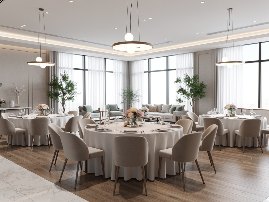 Salón de banquetes moderno con mesas redondas elegantes, arreglos florales, ventanales amplios y lámparas colgantes