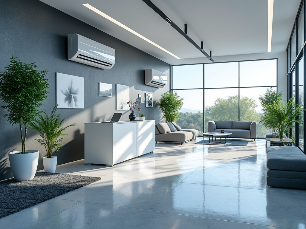 Sala de estar moderna con grandes ventanales, sofás grises, plantas decorativas y aire acondicionado, llena de luz natural. Sala de estar moderna con grandes ventanales, sofás grises, plantas decorativas y aire acondicionado, llena de luz natural.