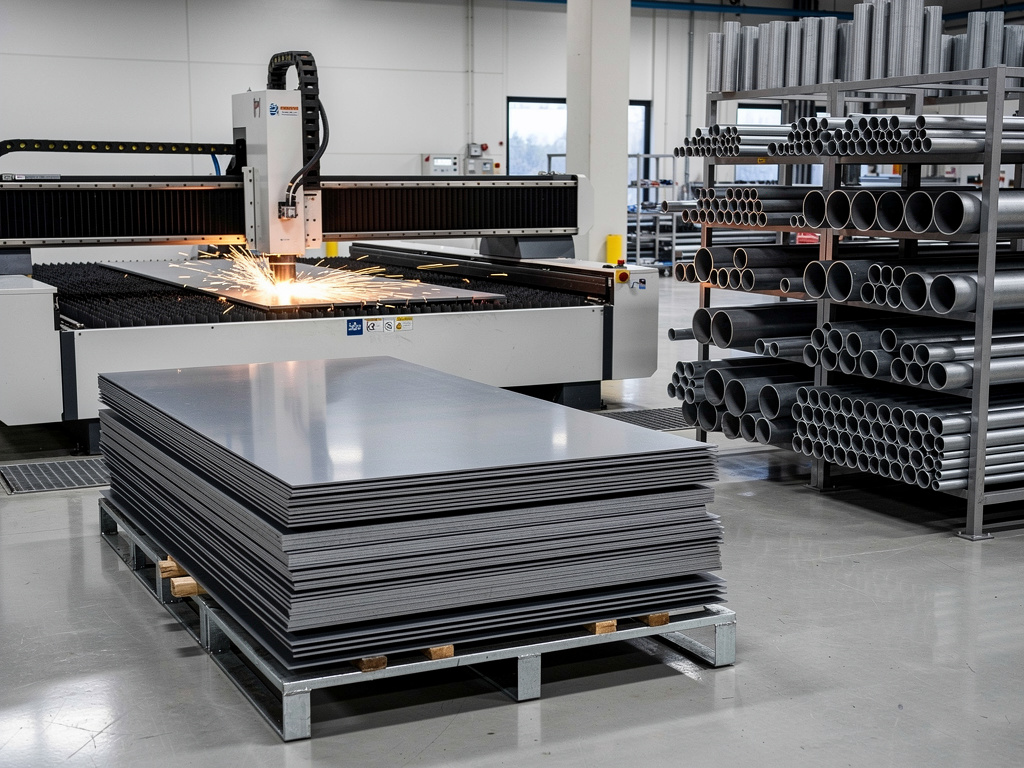 Máquina de corte láser CNC cortando láminas metálicas en taller industrial con tubos de acero almacenados