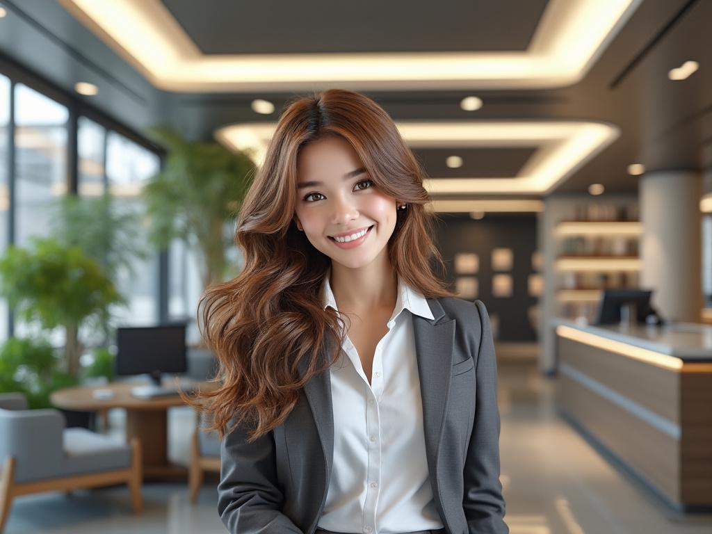 Mujer sonriente con cabello largo en oficina moderna con plantas y muebles de madera clara.