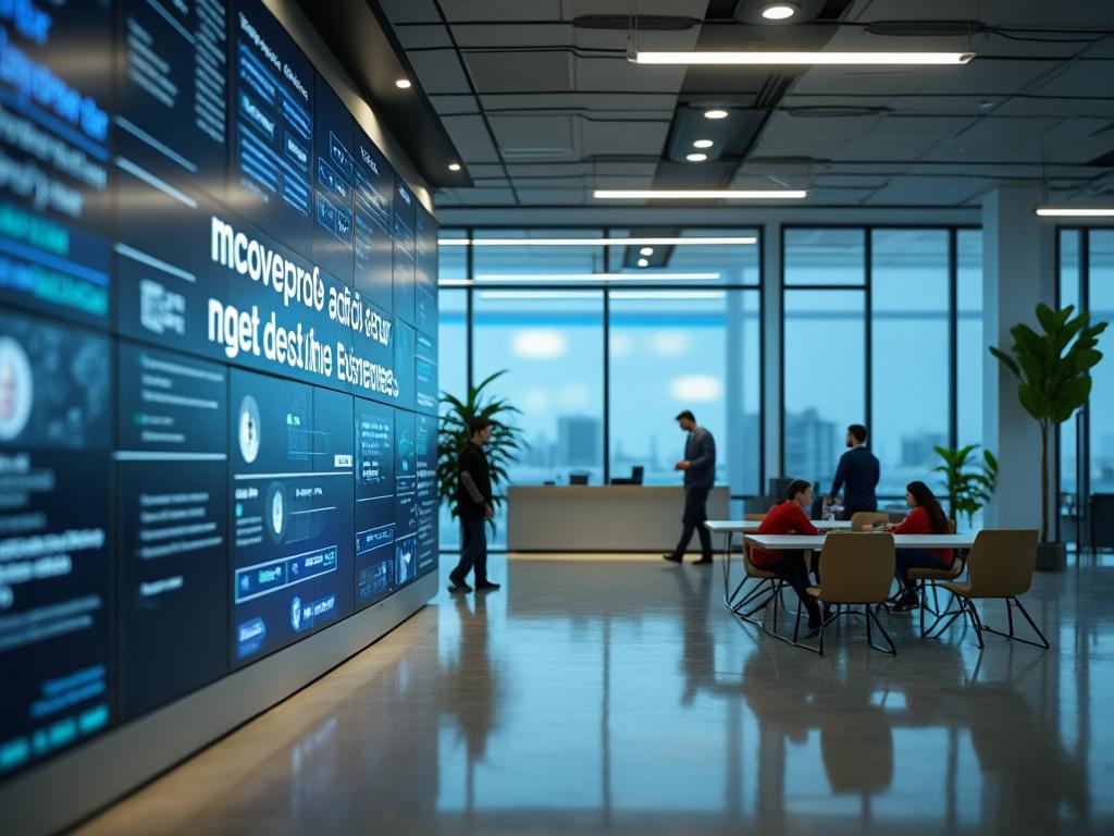 Oficina moderna con pantalla digital gigante, personas trabajando en una mesa y fondo de ventanales.