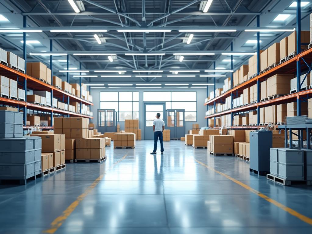 Hombre de pie en un almacén moderno con estantes altos llenos de cajas, iluminación brillante y pasillos amplios.