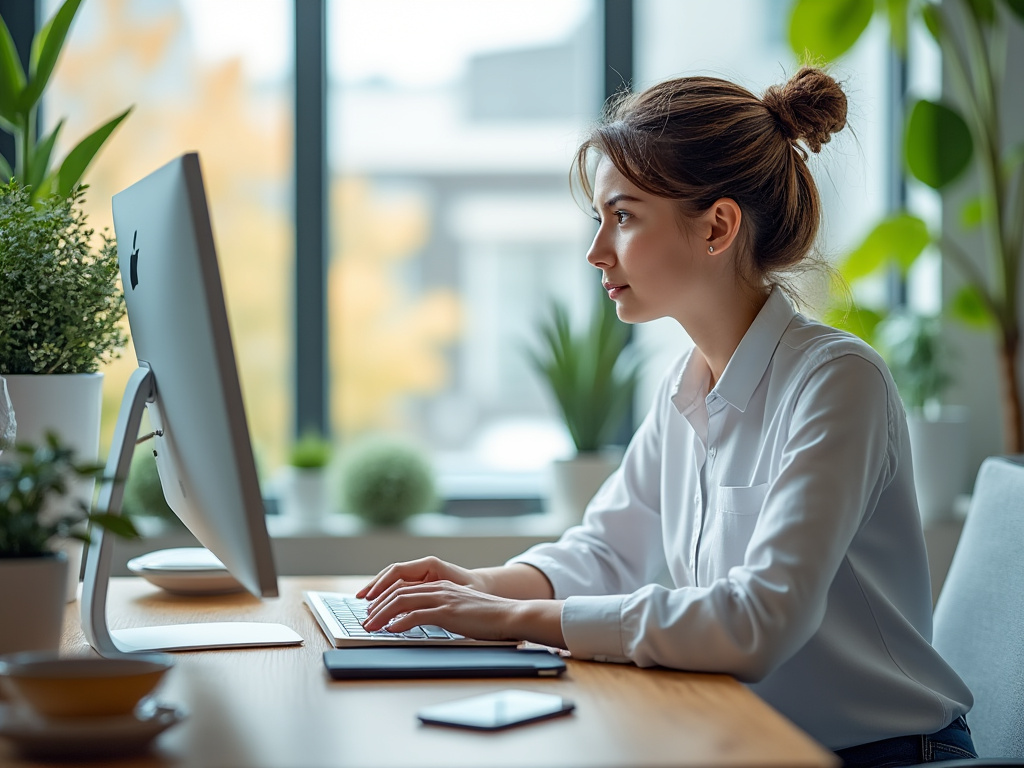 Woman working at a desk with a computer, surrounded by indoor plants, in a bright modern office setting.