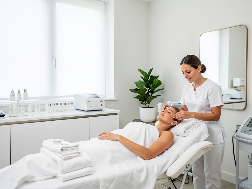 Esteticista realizando tratamiento facial a una mujer en camilla dentro de una clínica de estética moderna Esteticista realizando tratamiento facial a una mujer en camilla dentro de una clínica de estética moderna
