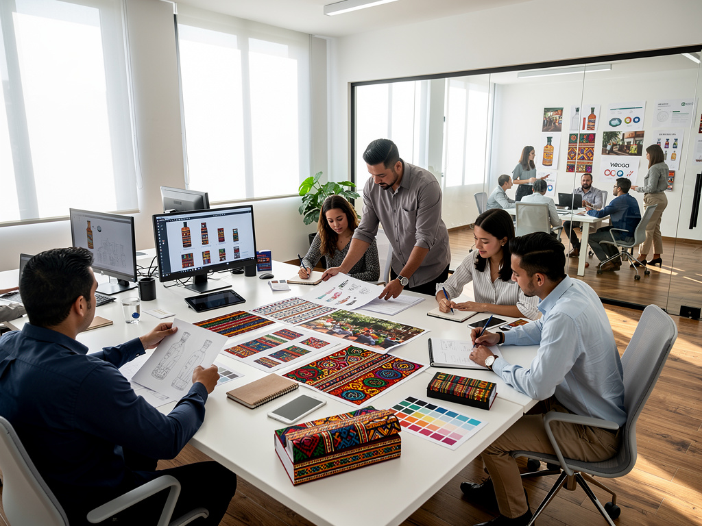 Equipo de diseño en oficina moderna revisando bocetos, muestras de color y empaques con patrones coloridos para branding de producto