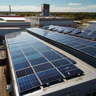 Paneles solares en el techo de un edificio industrial bajo un cielo despejado. Paneles solares en el techo de un edificio industrial bajo un cielo despejado.