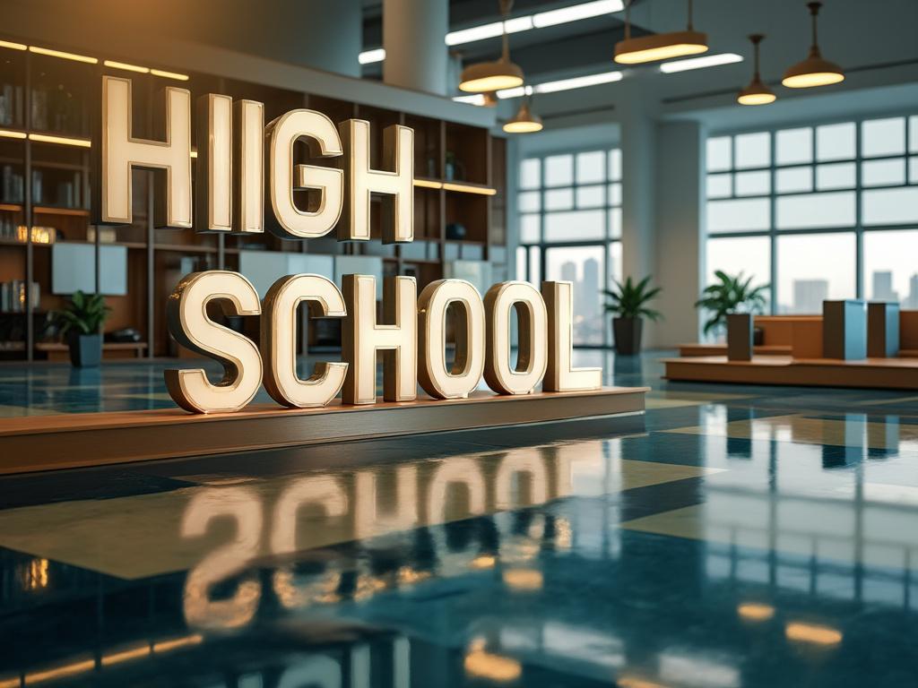 Interior moderno de una escuela secundaria con cartel luminoso que dice 'HIGH SCHOOL', ventanas grandes y plantas decorativas.