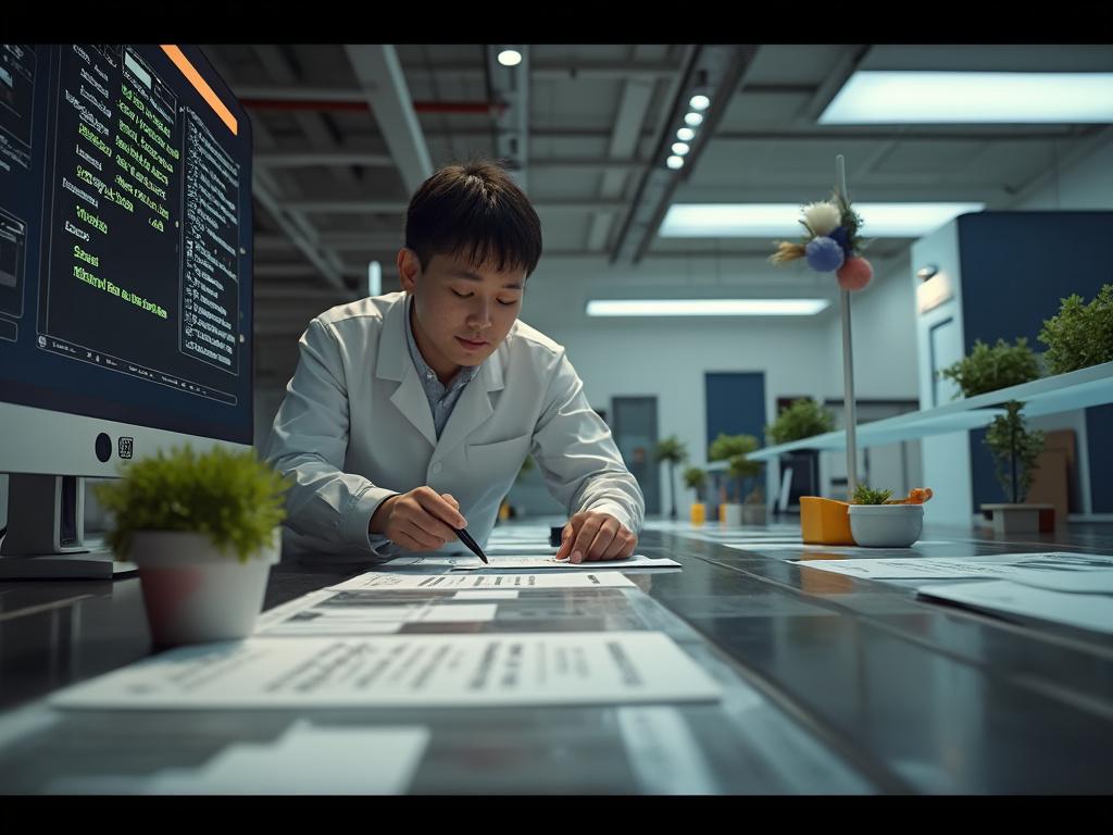 Científico en laboratorio revisando documentos, con pantalla de ordenador mostrando código de programación.