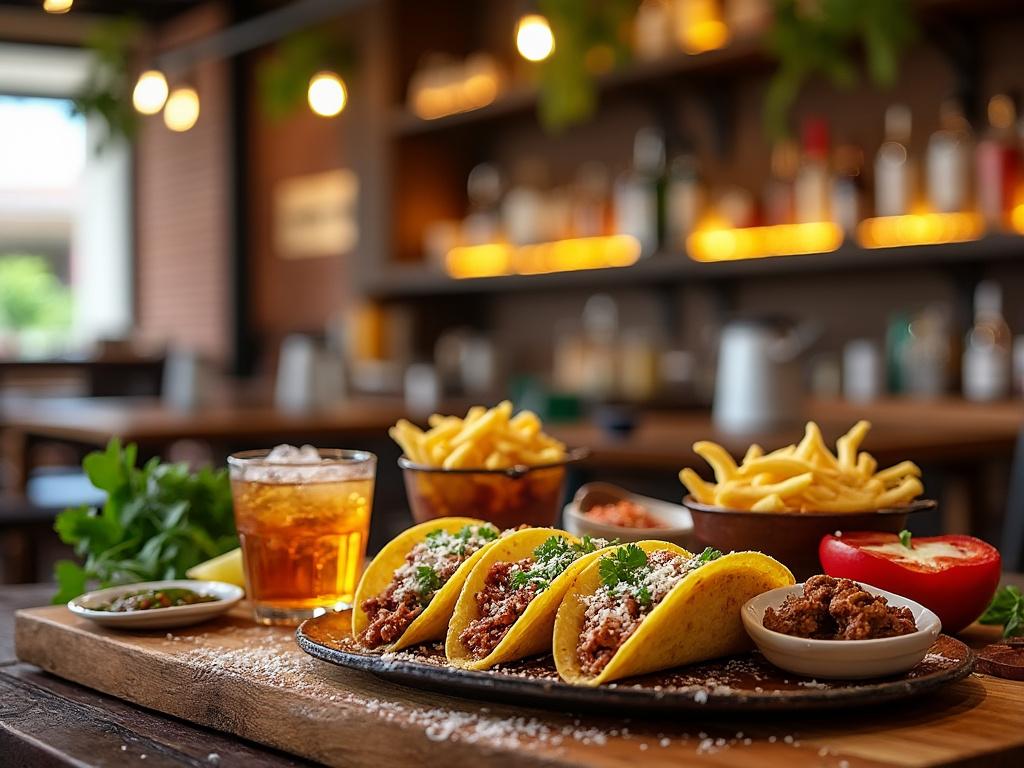 Tacos de carne con cilantro, acompañados de papas fritas, bebida fría y salsa en un restaurante acogedor.