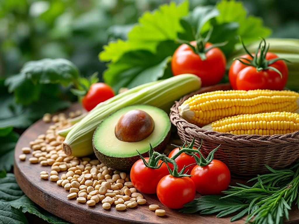 Surtido de verduras frescas que incluye maíz, aguacate, tomates y frijoles de soya sobre una tabla de cocina.