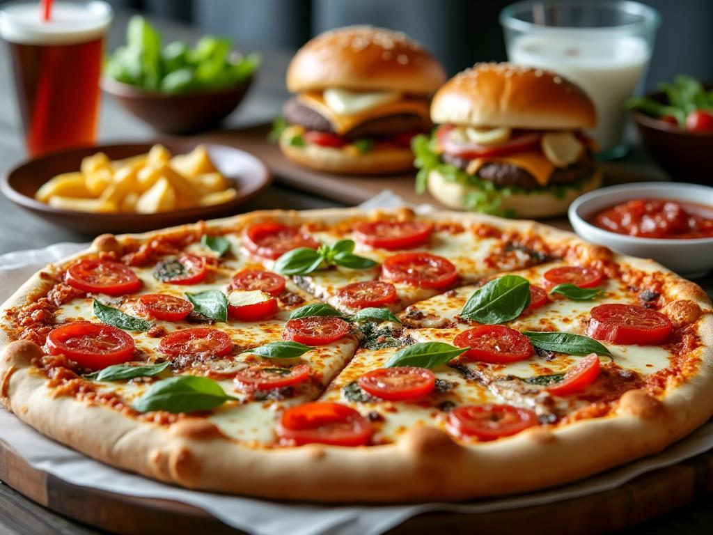 Pizza margarita con tomates frescos y albahaca, hamburguesas con queso, papas fritas, bebida y leche en el fondo.