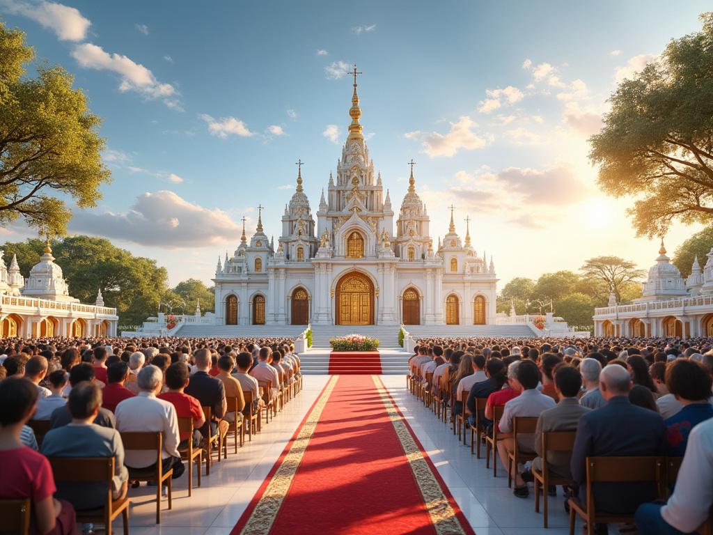 Templo monumental con torres iluminado por el sol, con una gran multitud sentada en sillas, y un camino alfombrado rojo conduciendo a las puertas del templo, rodeado de árboles y cielo despejado.