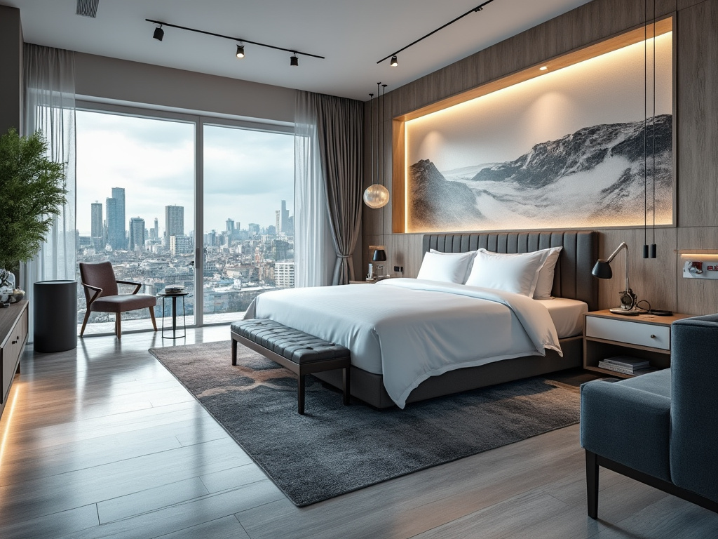 Dormitorio moderno de lujo con cama king, ventanales con vista a la ciudad, paneles de madera, iluminación cálida y arte mural de montaña