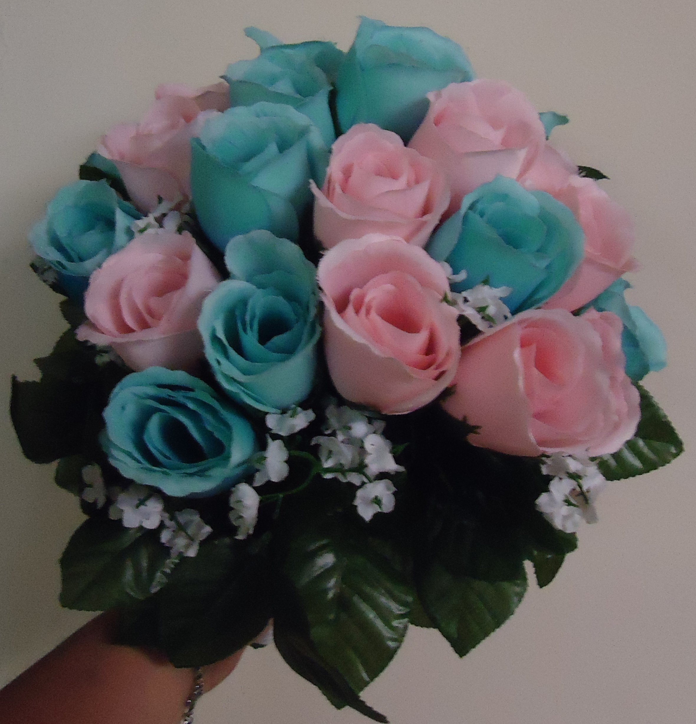 &quot;SILK&quot; Handtied Bouquet
(Aqua &amp; Pink Roses)
   $115.00