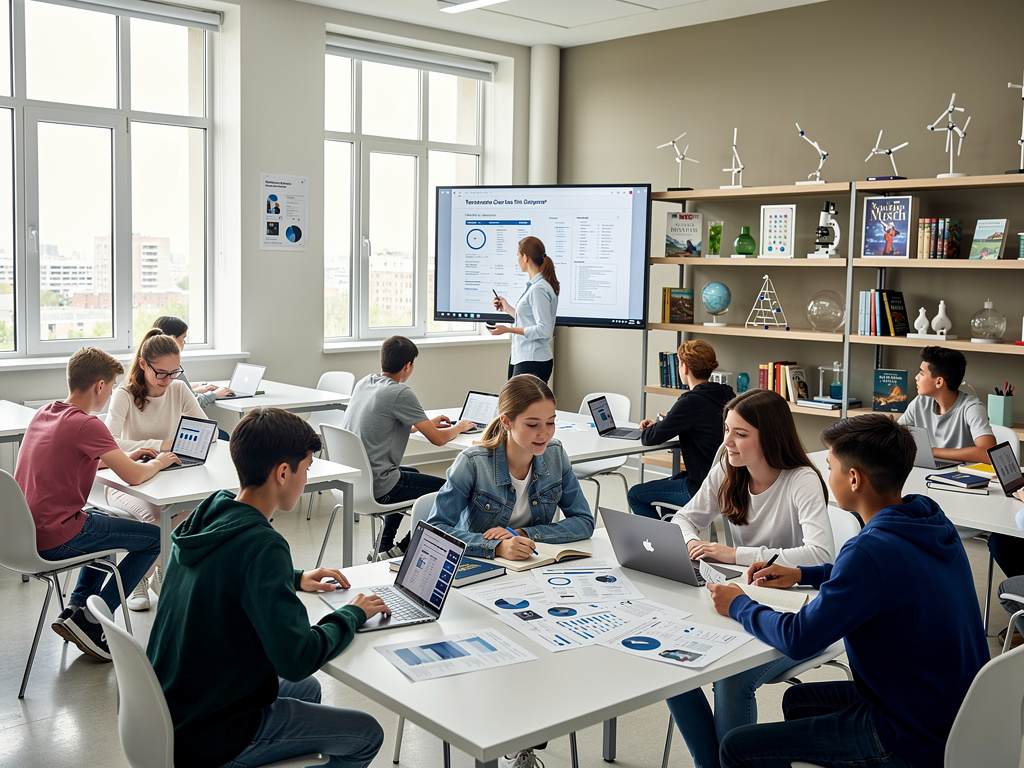 Estudiantes trabajando en grupo con portátiles en aula moderna durante clase de ciencias y tecnología