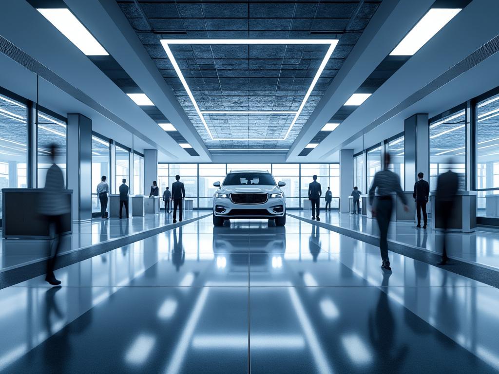 Moderno showroom de autos con un automóvil blanco al centro y personas caminando en un espacio amplio y brillante.