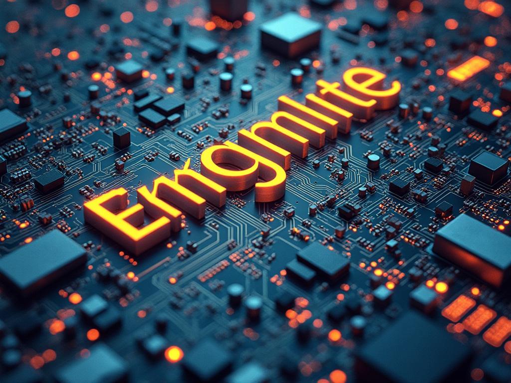 Circuito impreso con componentes y texto iluminado, tema de tecnología.