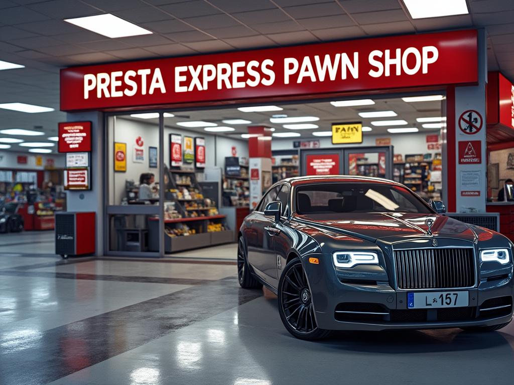 Coche de lujo frente a tienda de empeño 'Presta Express' iluminada por la noche.