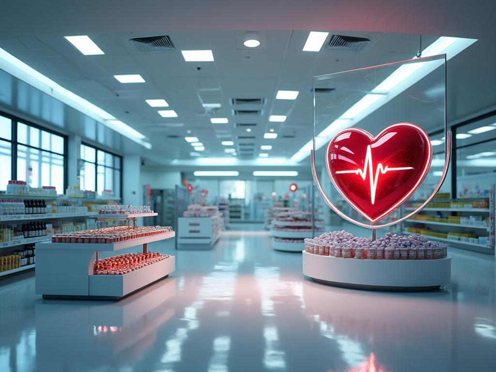 Interior de una farmacia moderna con luces blancas, estantes llenos de productos y un letrero de corazón con pulso luminoso.