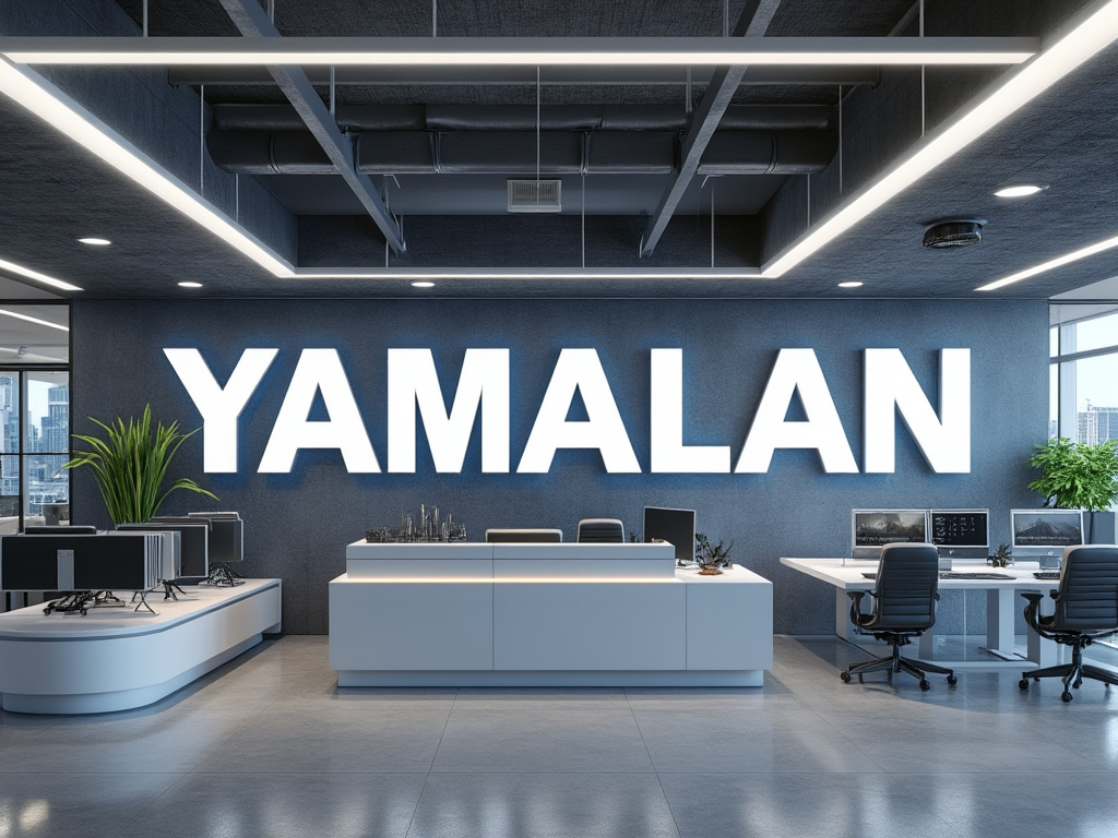 Oficina moderna con letrero grande que dice YAMALAN y escritorios organizados con pantallas y plantas decorativas.