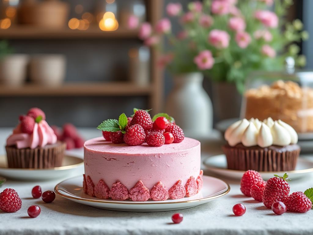 Tarta de frambuesa decorada con frutas frescas en una mesa, rodeada de cupcakes de chocolate y flores de fondo.